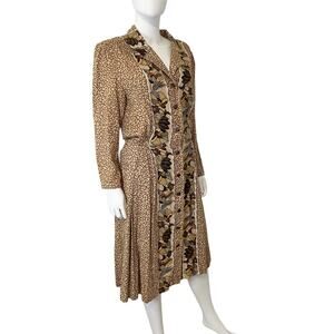 Vintage 1970s Tan & Brown Floral Twee Button-Down Midi Shirtdress, L